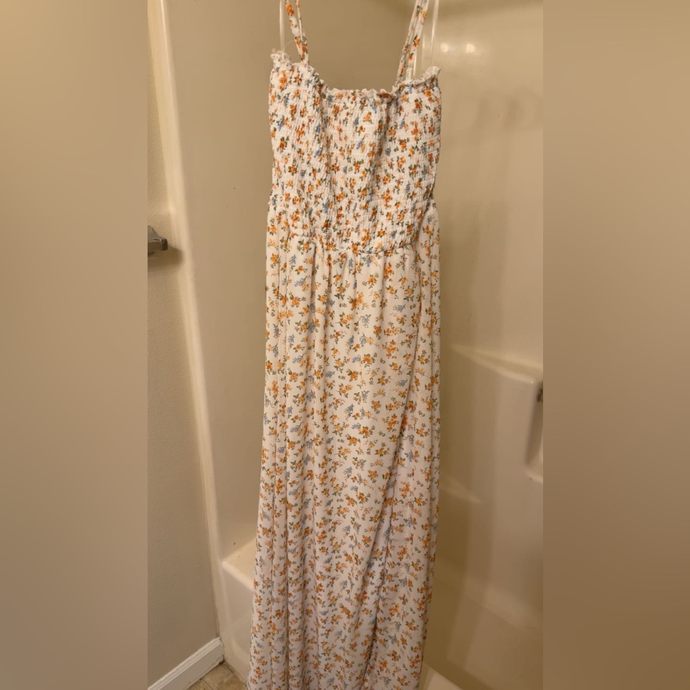 White Floral Smocked Maxi Dress with Orange Flowers